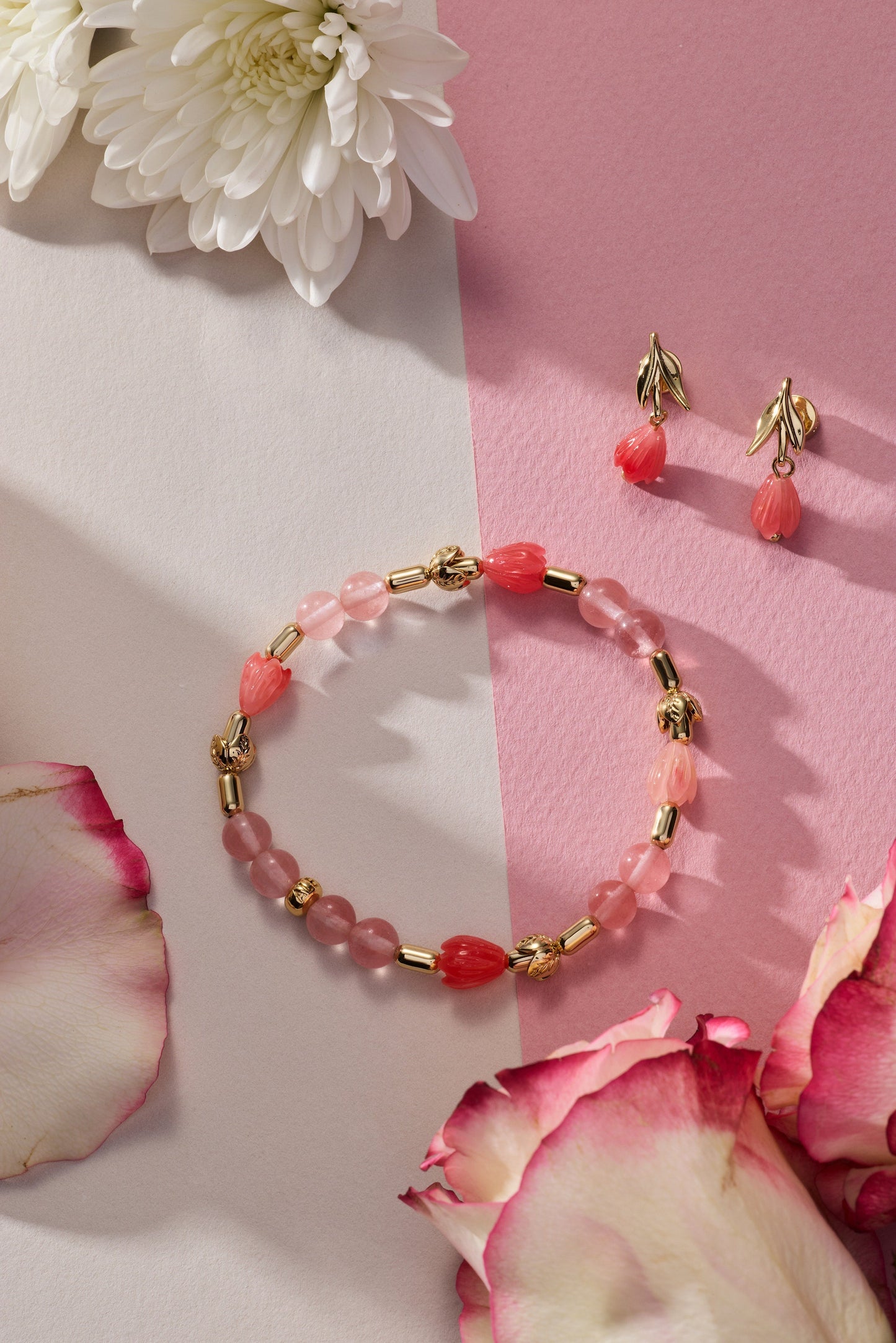 Tulip Cherry Quartz Earrings Gold