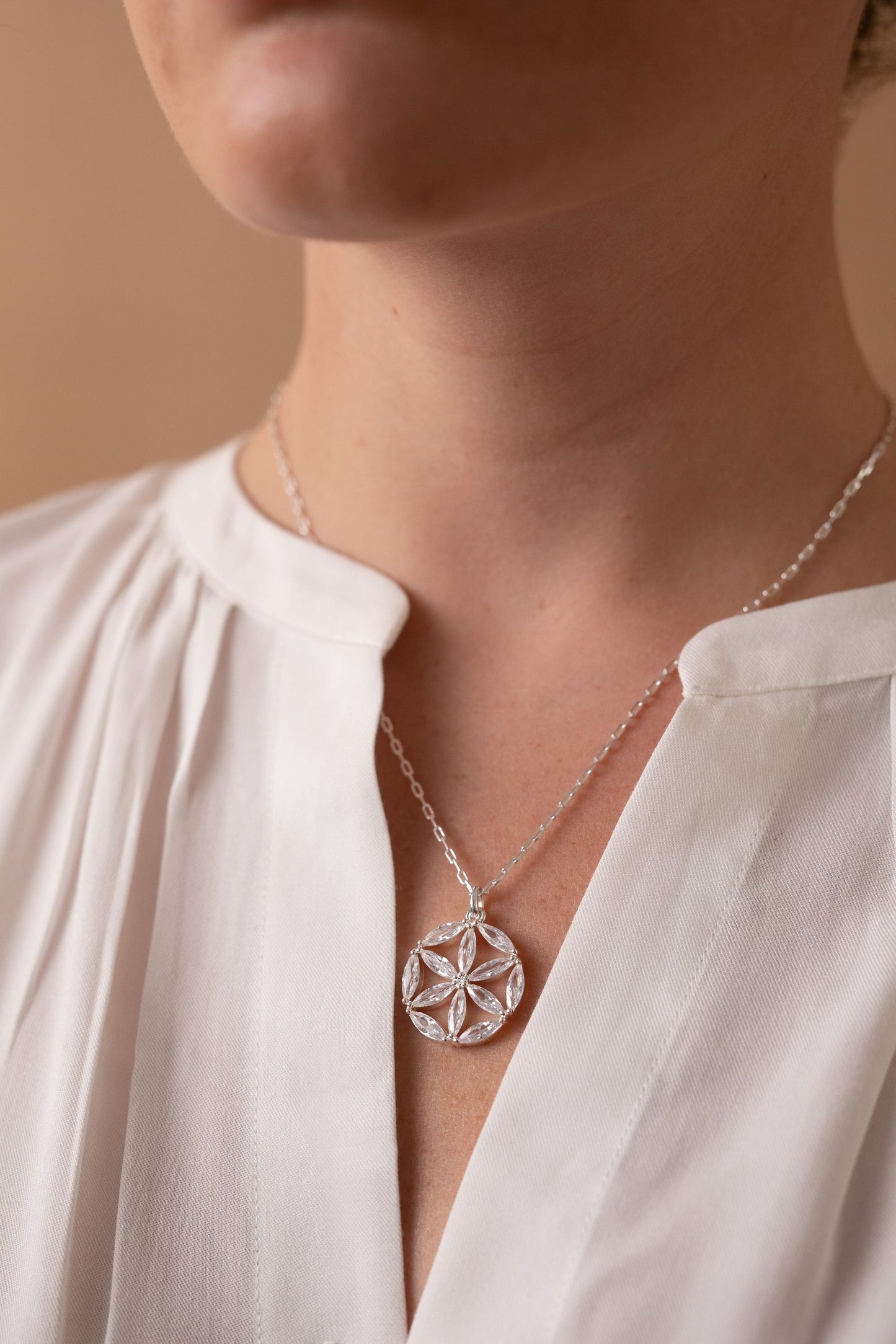 Faith and Family Rosette Pendant Necklace Silver