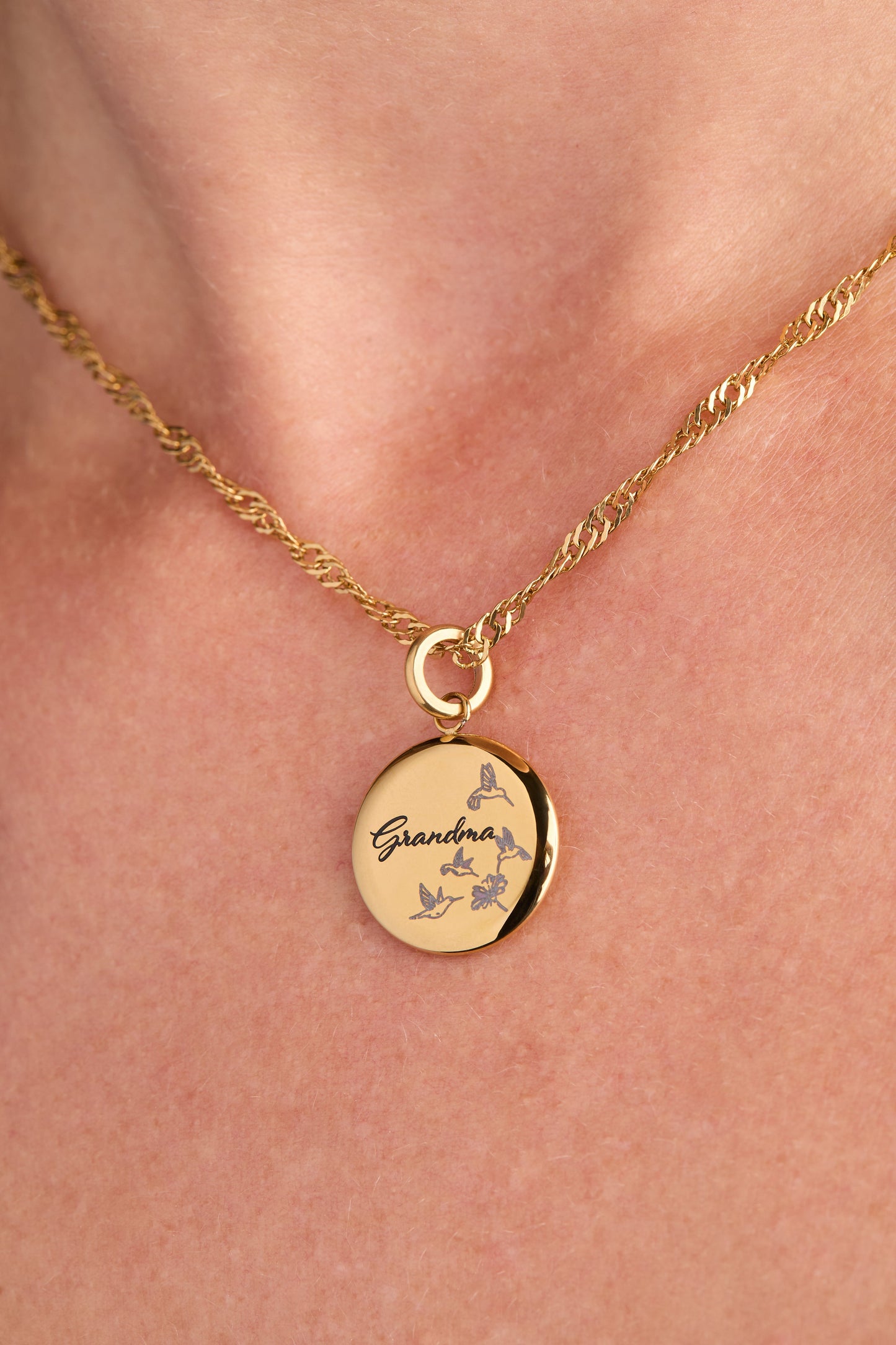 Grandma Hummingbird Disc Charm Stainless Steel Gold