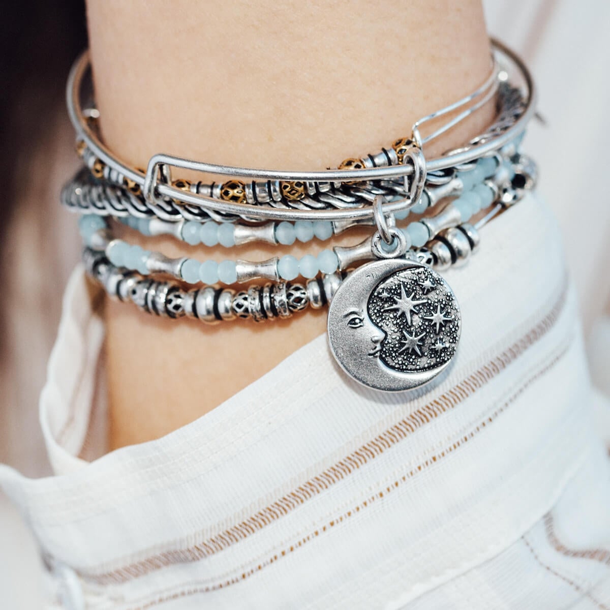 Moon + Star Charm Bangle Bracelet - Alex and Ani Rafaelian Silver