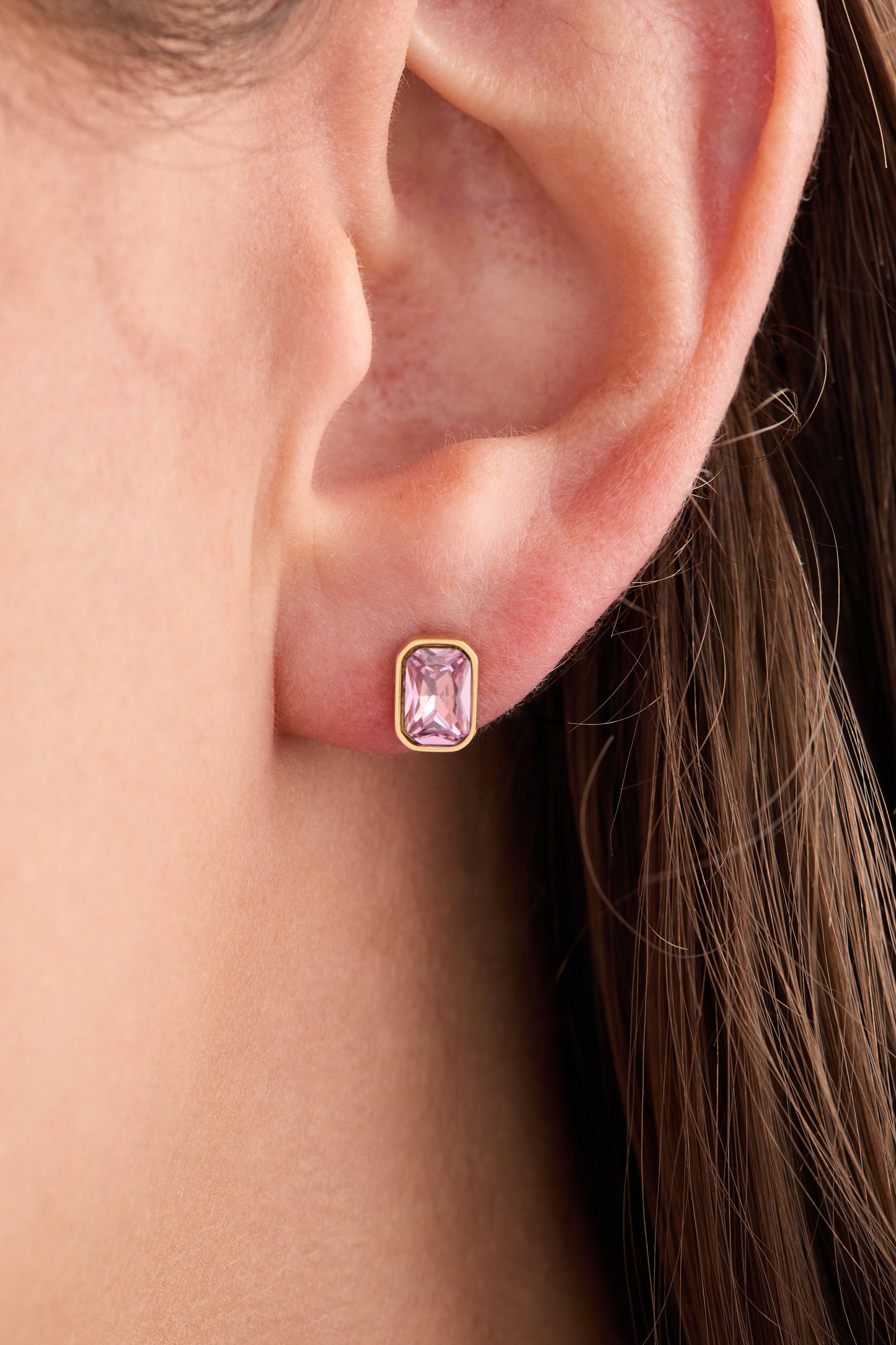 October Emerald-Cut Birthstone Stud Stainless Steel Gold