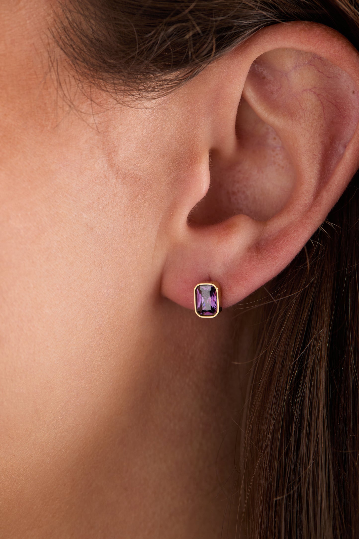 February Emerald-Cut Birthstone Stud Stainless Steel Silver