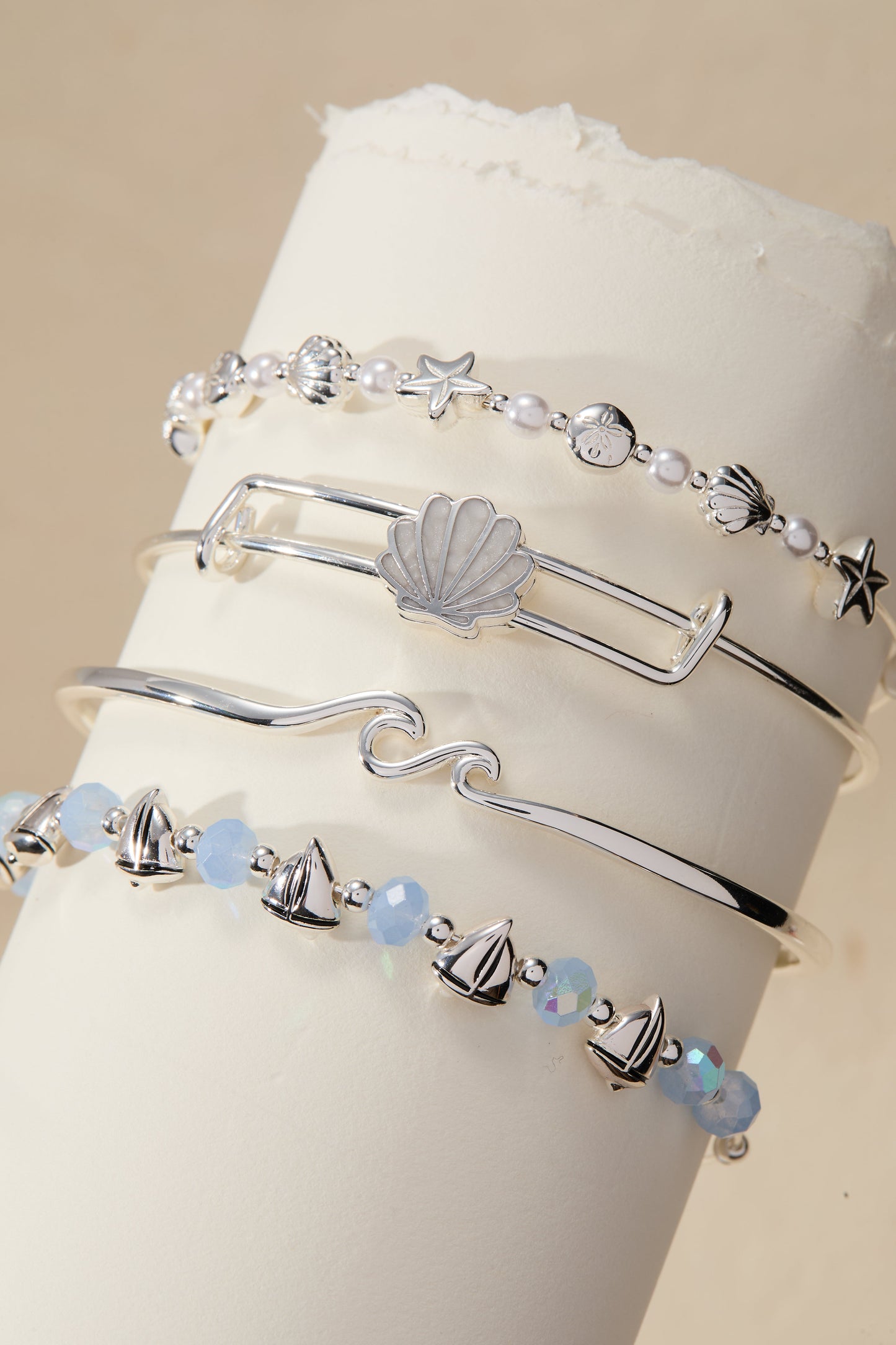 Seaside Pearl Beaded Bangle Silver