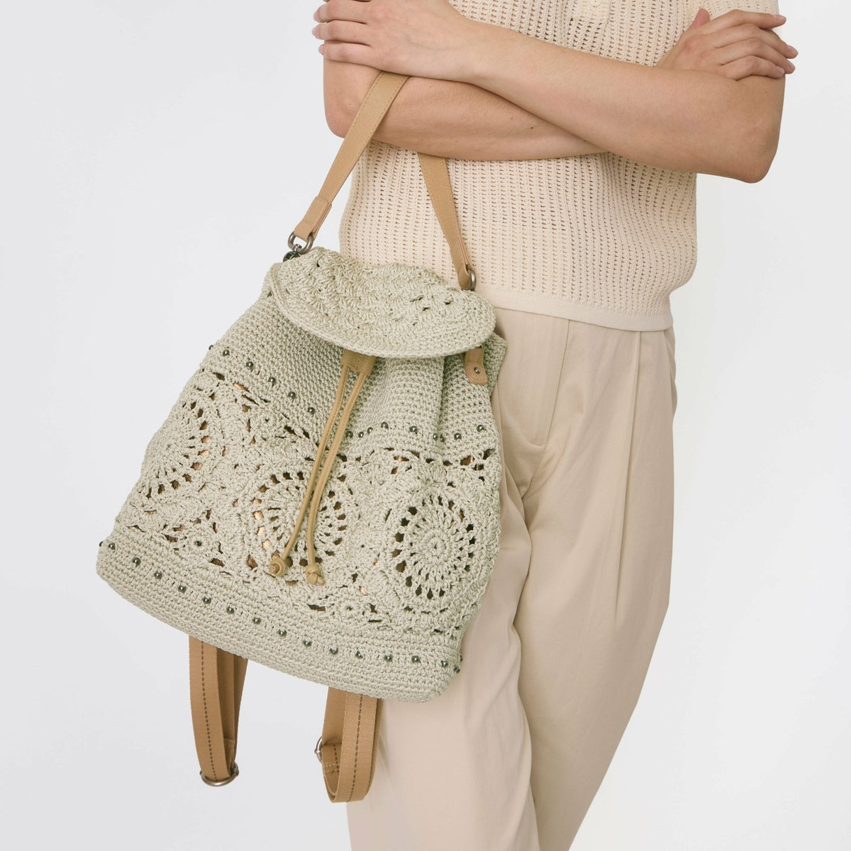 The Sak Sayulita Backpack in Natural Medallion Crochet