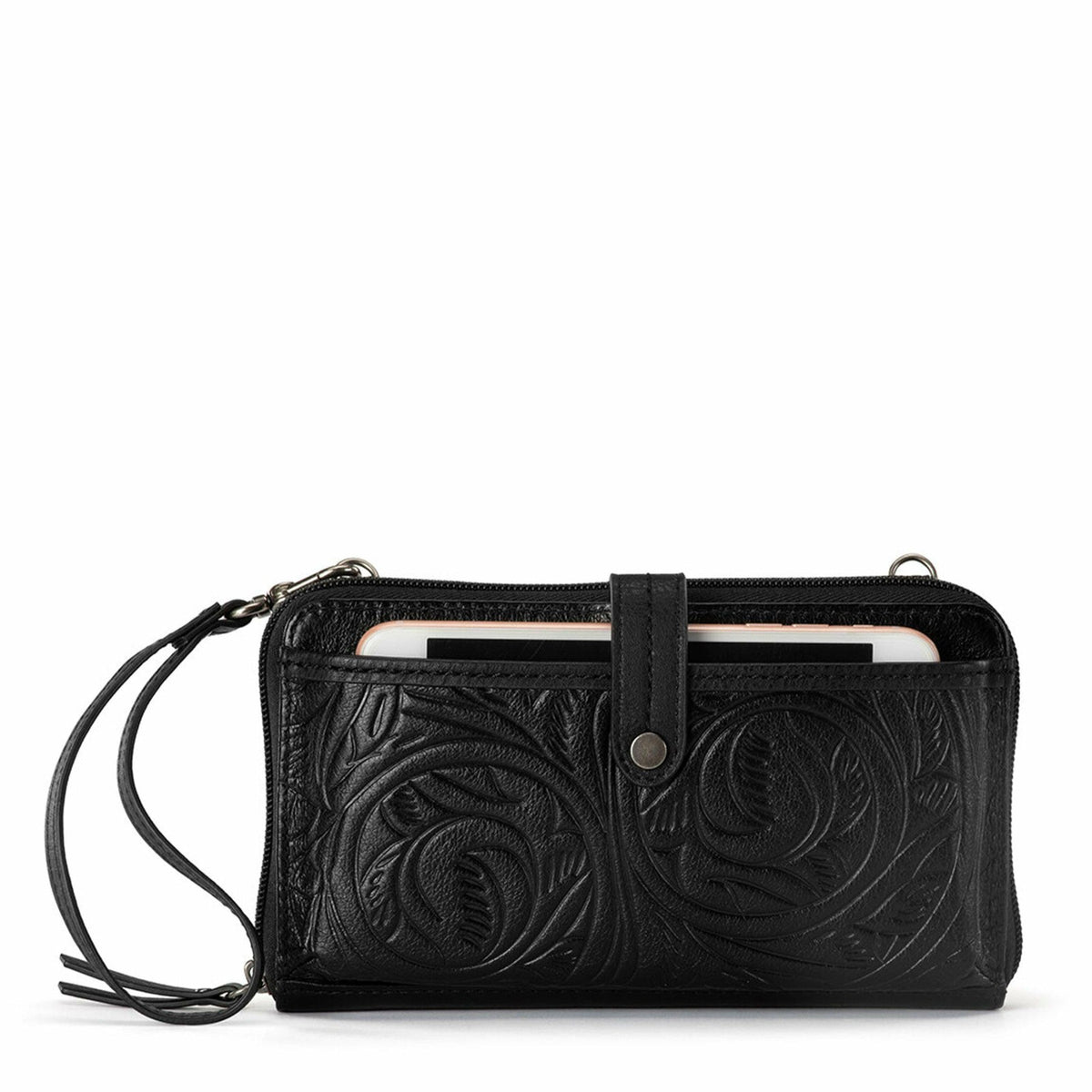 The Sak Iris Smartphone Wallet in Black Leaf Embossed Leather