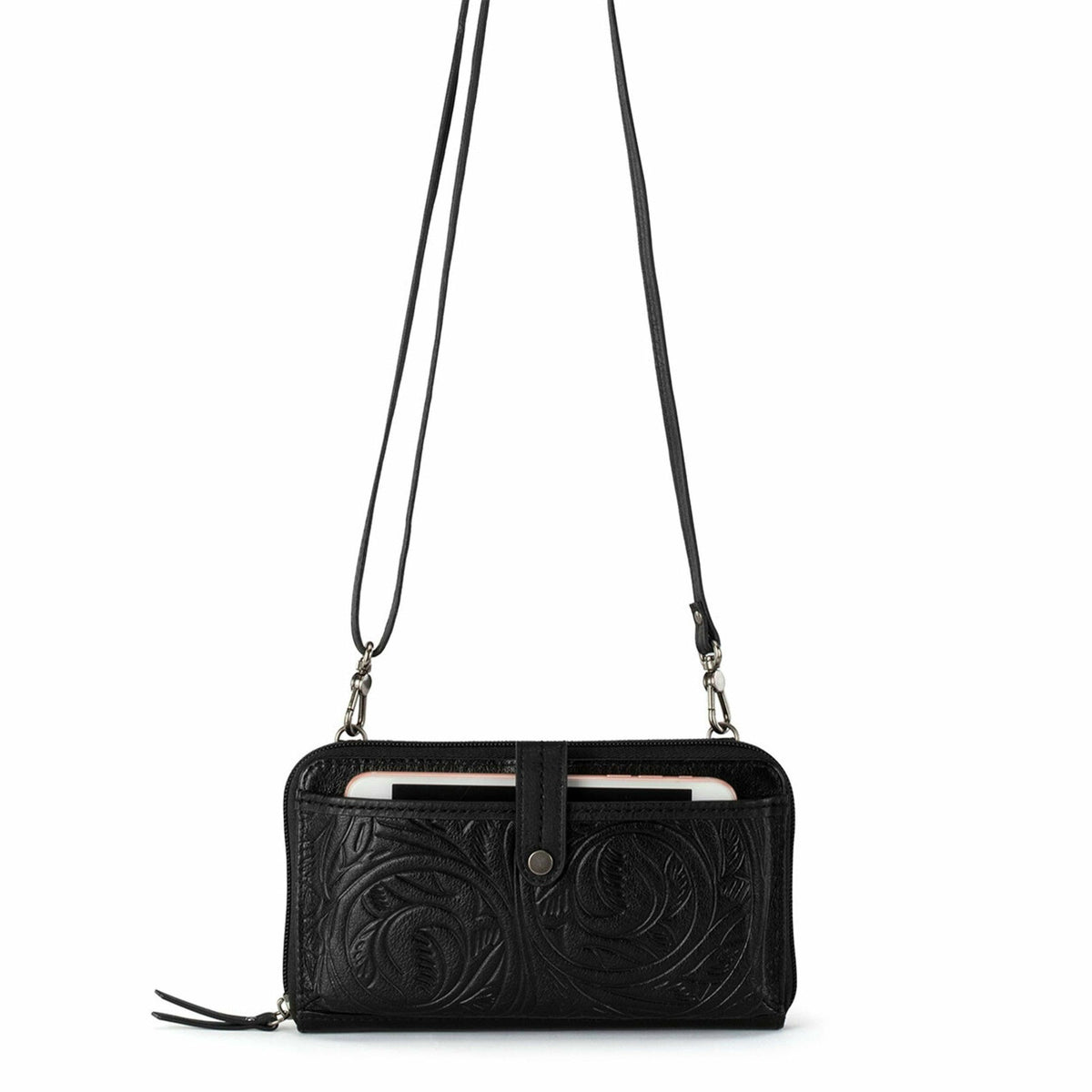 The Sak Iris Smartphone Wallet in Black Leaf Embossed Leather
