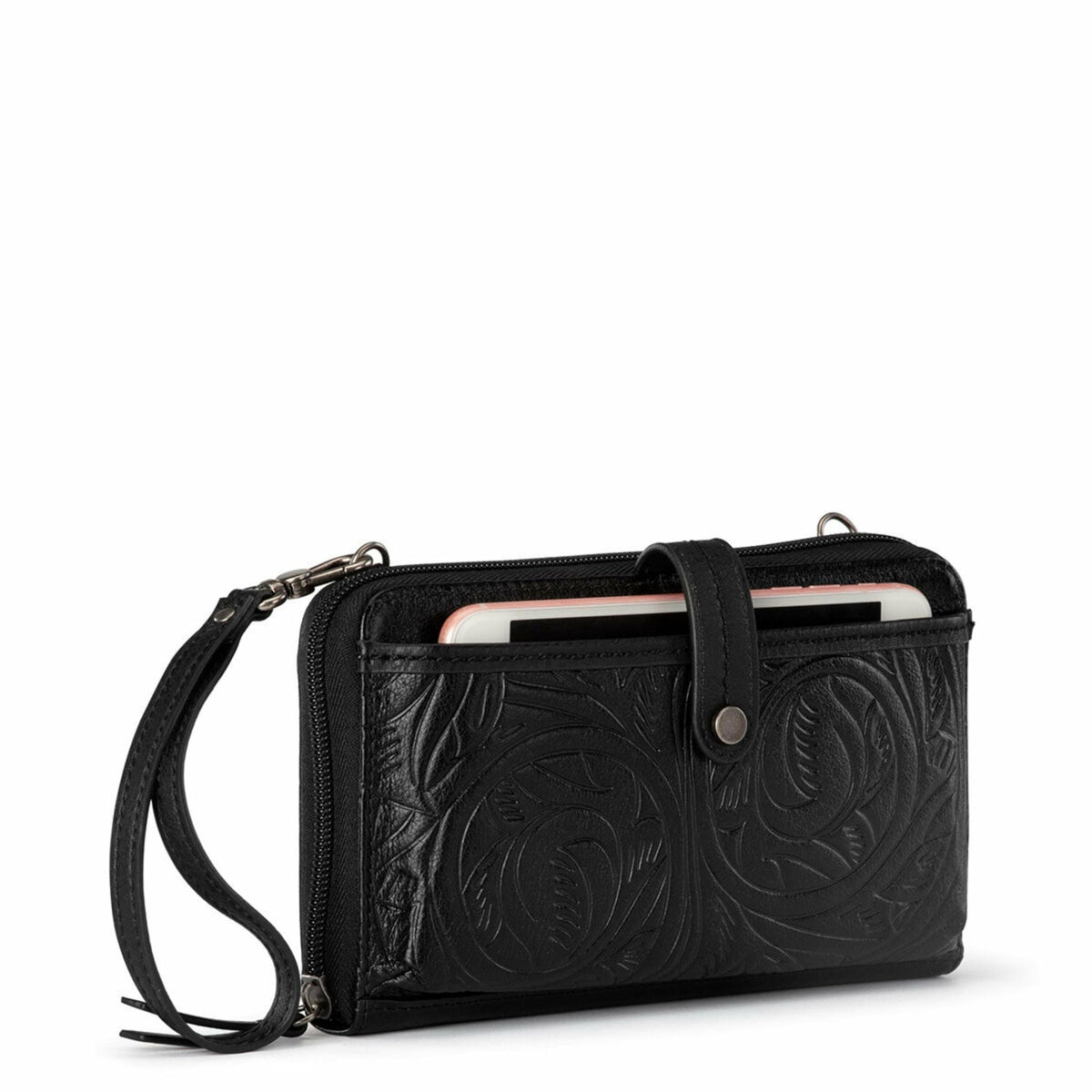 The Sak Iris Smartphone Wallet in Black Leaf Embossed Leather