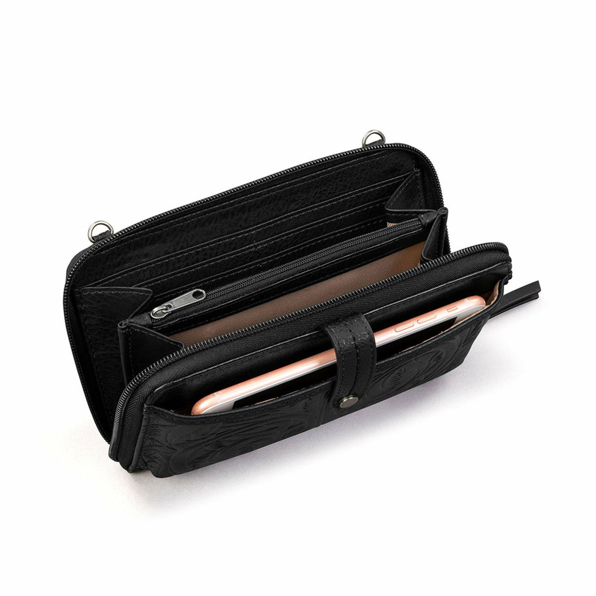 The Sak Iris Smartphone Wallet in Black Leaf Embossed Leather