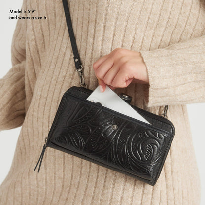 The Sak Iris Smartphone Wallet in Black Leaf Embossed Leather