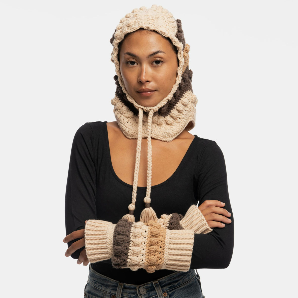 The Sak Haven Balaclava Gloves Set in Neutral Multi Crochet