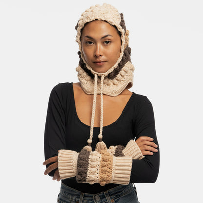 The Sak Haven Balaclava Gloves Set in Neutral Multi Crochet