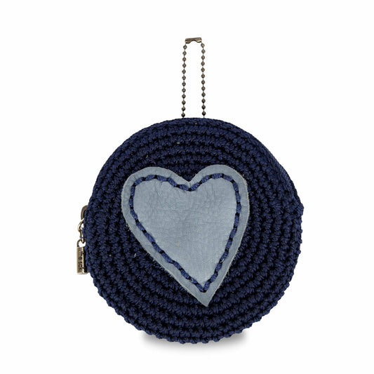 The Sak Circle Coin Pouch in Denim Maritime Heart Crochet