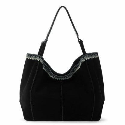The Sak Los Feliz Large Tote Bag in Black Suede Blanket Stitch
