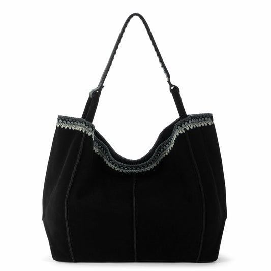 The Sak Los Feliz Large Tote Bag in Black Suede Blanket Stitch