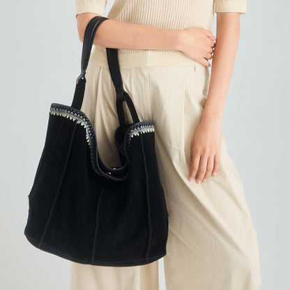 The Sak Los Feliz Large Tote Bag in Black Suede Blanket Stitch