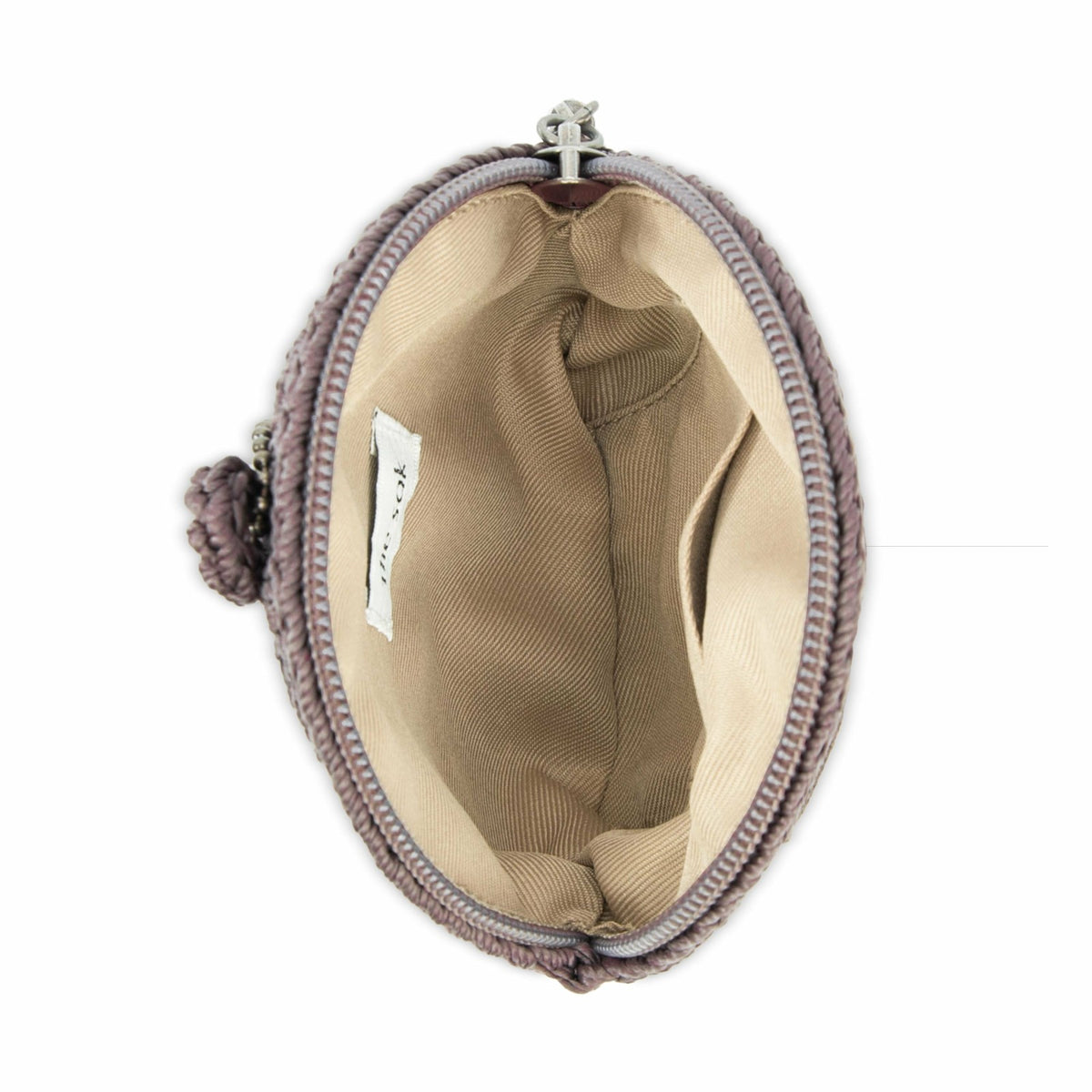 The Sak Circle Coin Pouch Wallet in Mushroom Suede Heart Crochet