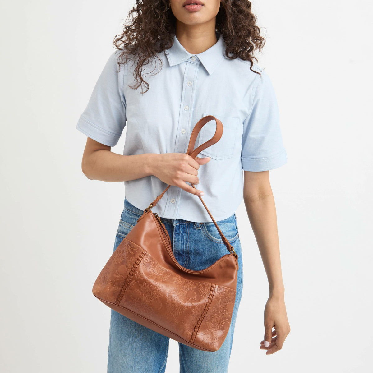 The Sak Melrose Shoulder Bag in Tobacco Floral Embossed Leather