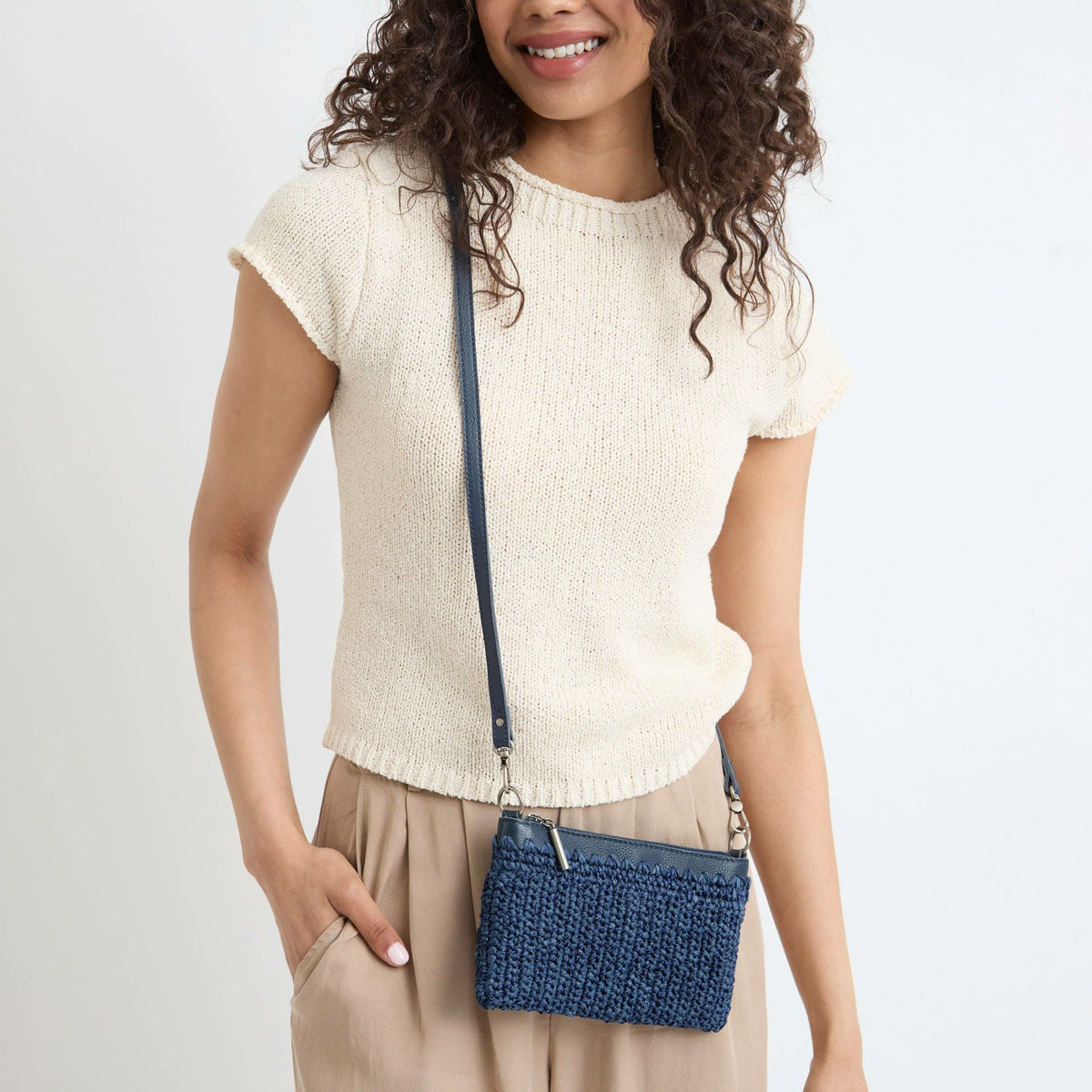 The Sak Vita Convertible Wristlet in Denim Tonal Straw Crochet