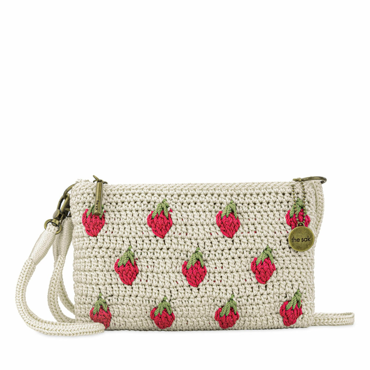 The Sak Vita Convertible Wristlet in Natural Strawberries Crochet