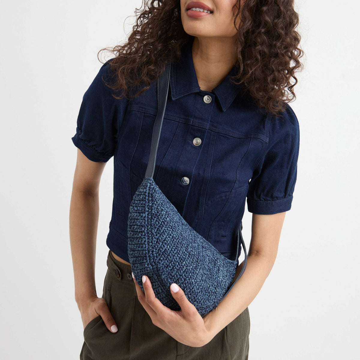 The Sak Tess Sling Bag in Denim Tonal Straw Crochet