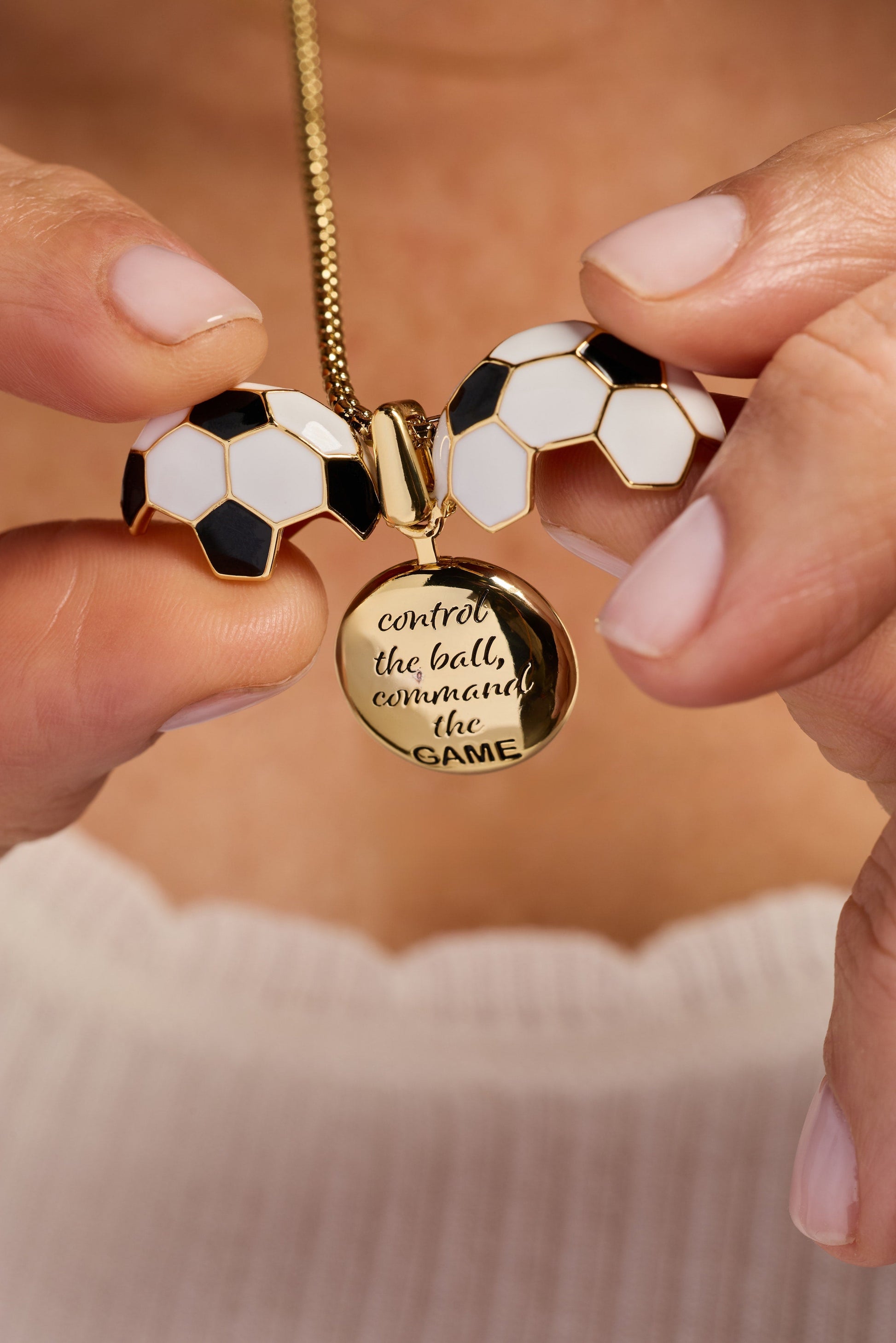 Soccer Ball "Control The Ball, Command The Game" Locket Necklace Gold