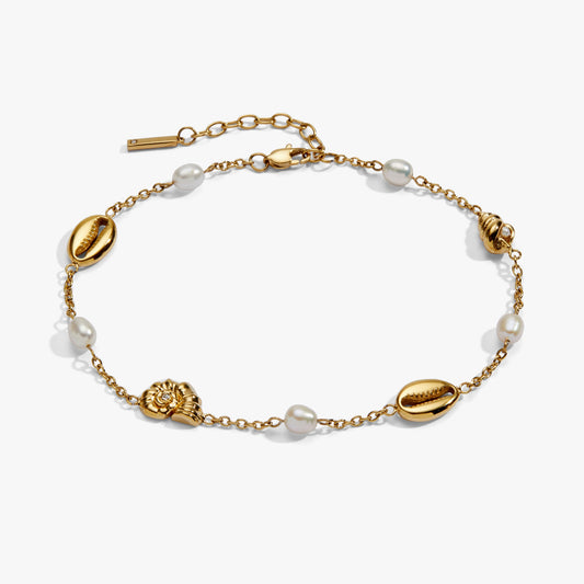 Seashell & Pearl Inline Charm Anklet Stainless Steel Gold