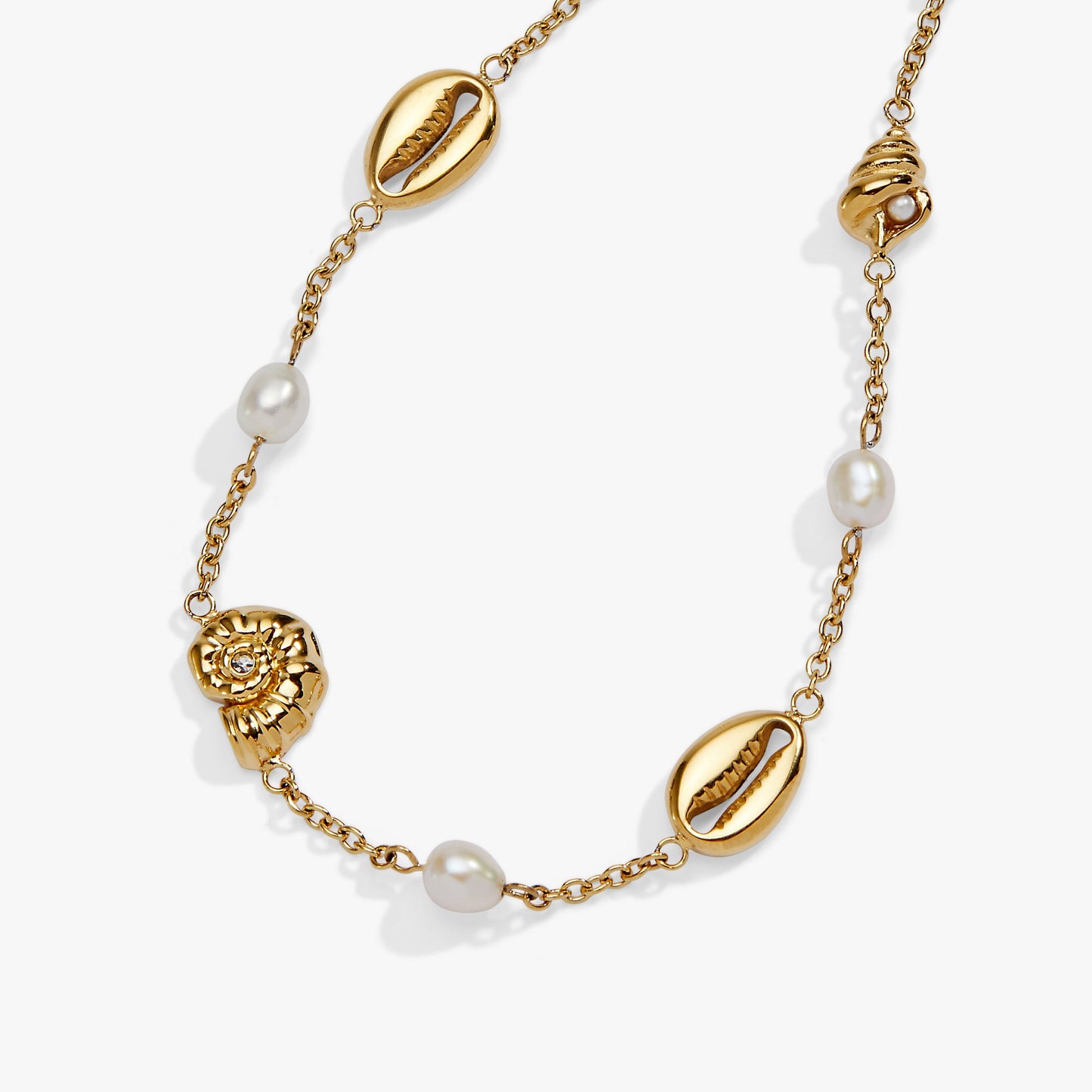 Seashell & Pearl Inline Charm Anklet Stainless Steel Gold