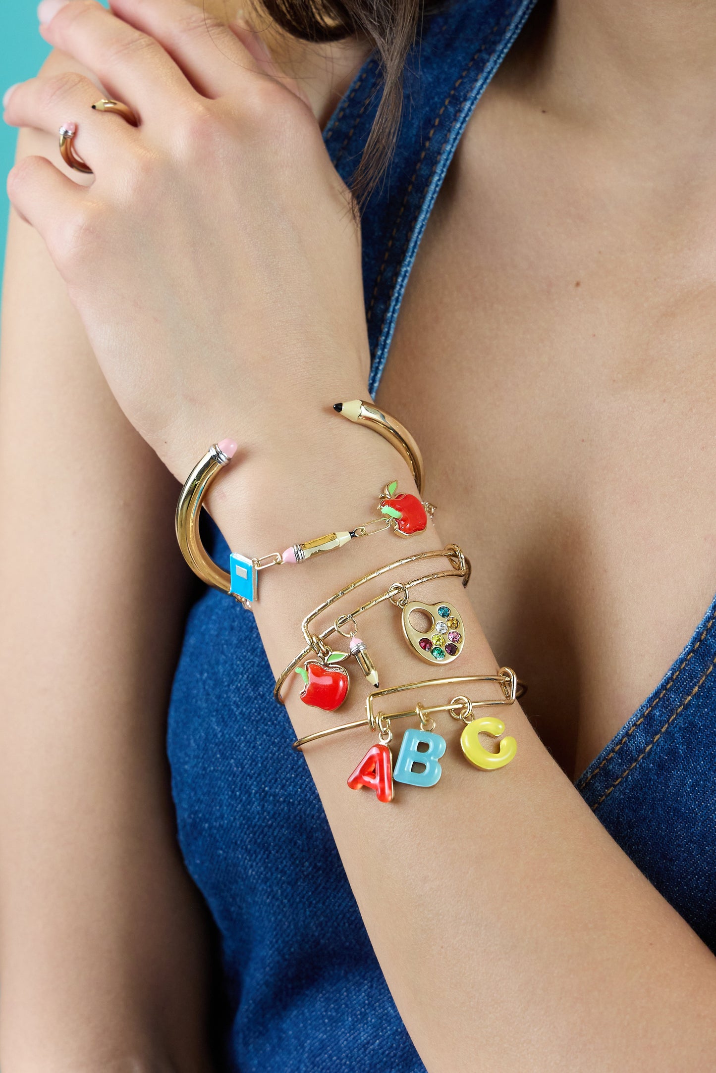 Teacher’s Pet Multi Charm Textured Bangle Gold