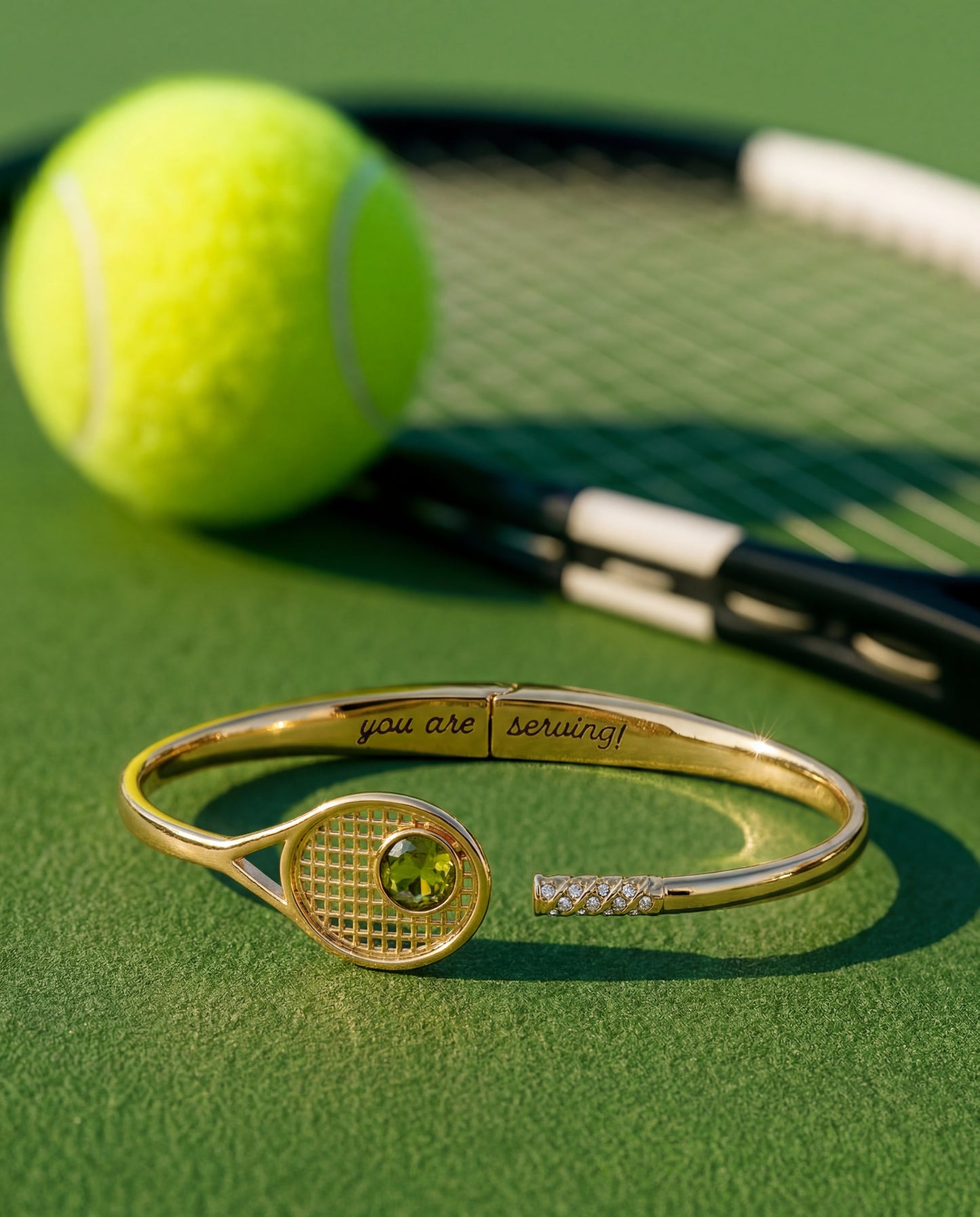 Tennis Racket 'You Are Serving' Hinge Cuff Bracelet Gold