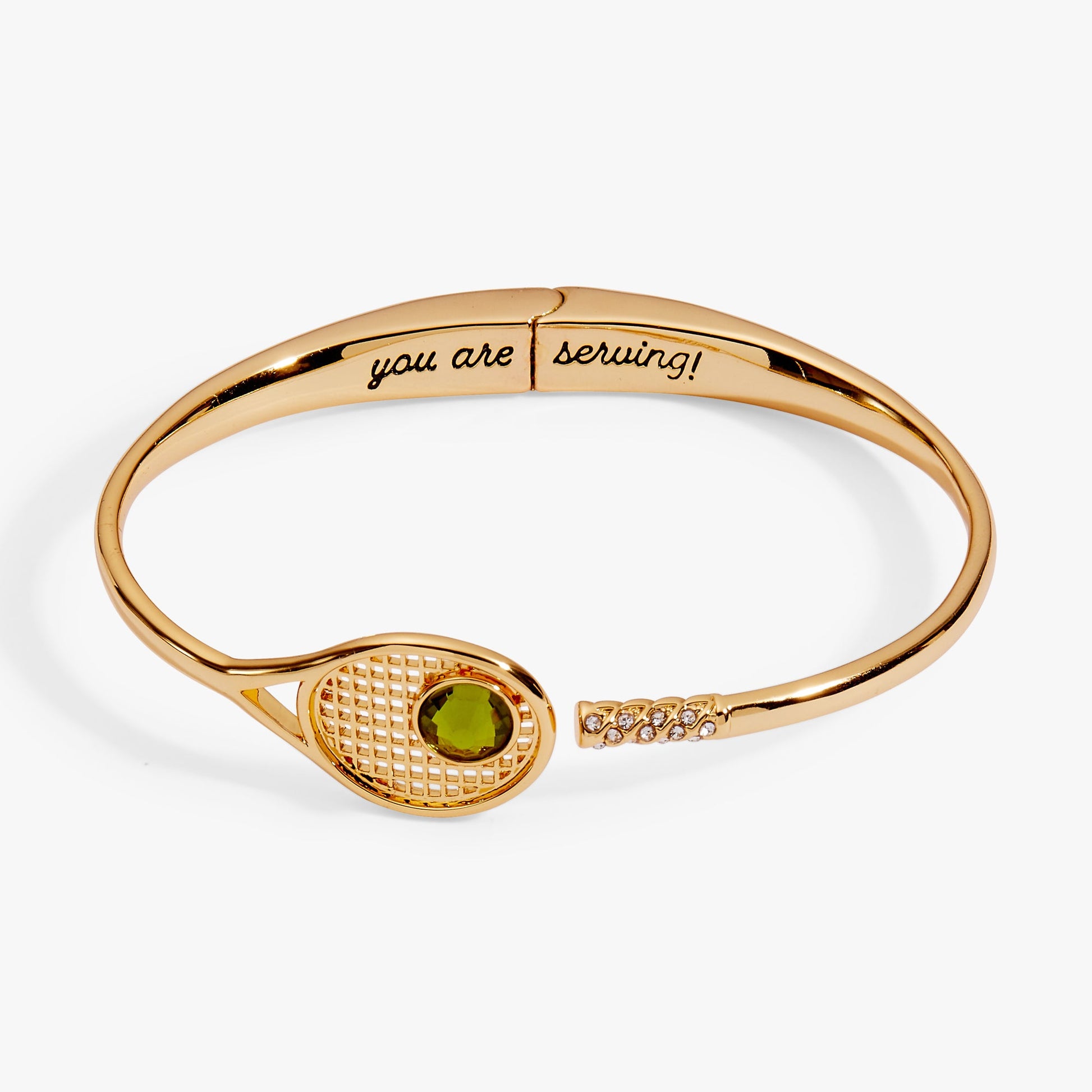 Tennis Racket 'You Are Serving' Hinge Cuff Bracelet Gold