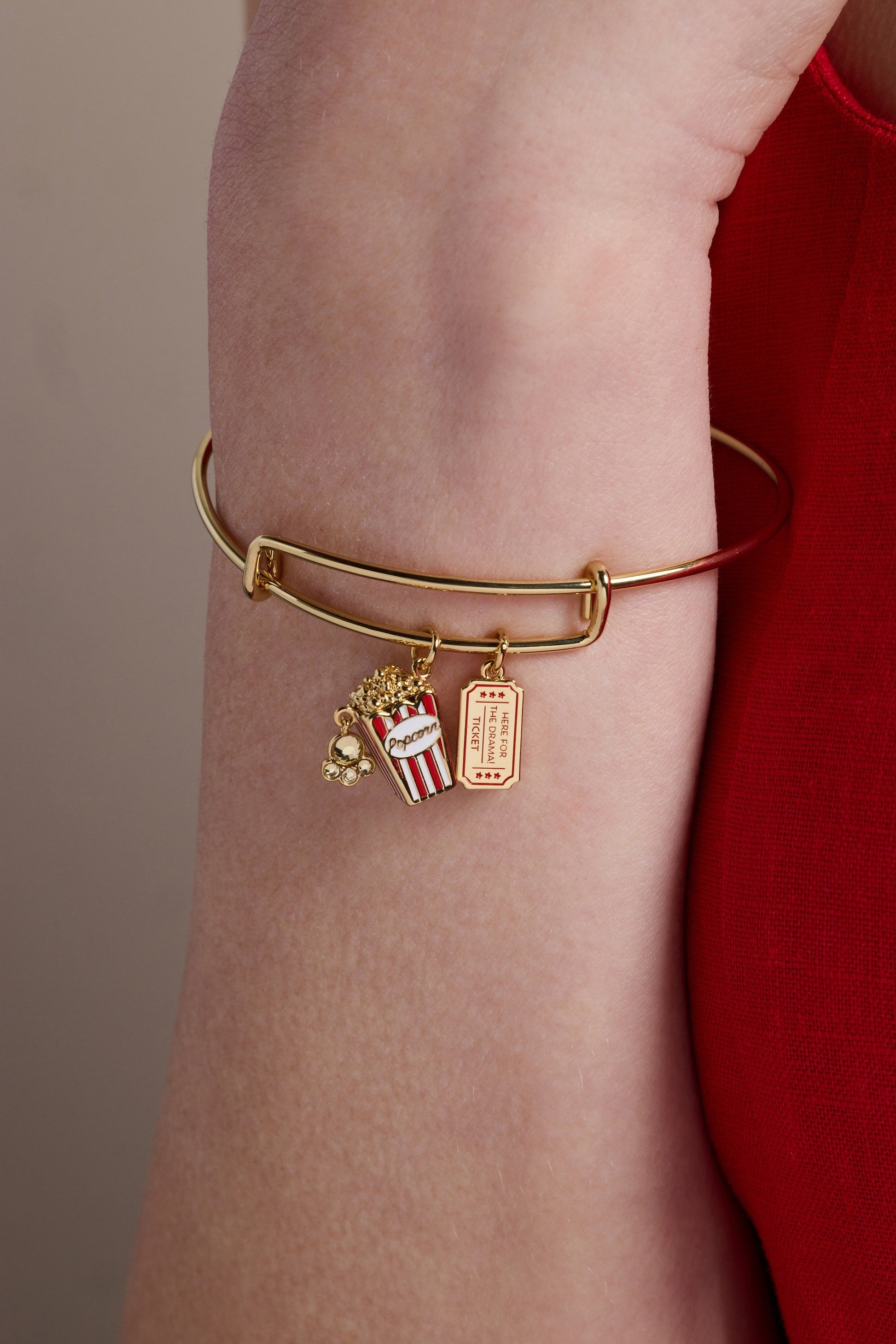 Here For The Drama!' Movie Theater Popcorn & Ticket Charm Bangle
    
    
    
       Gold