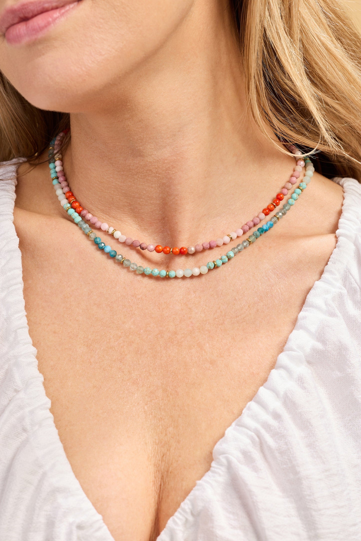 Coral Ombre Semi-Precious Beaded Necklace Stainless Steel Gold