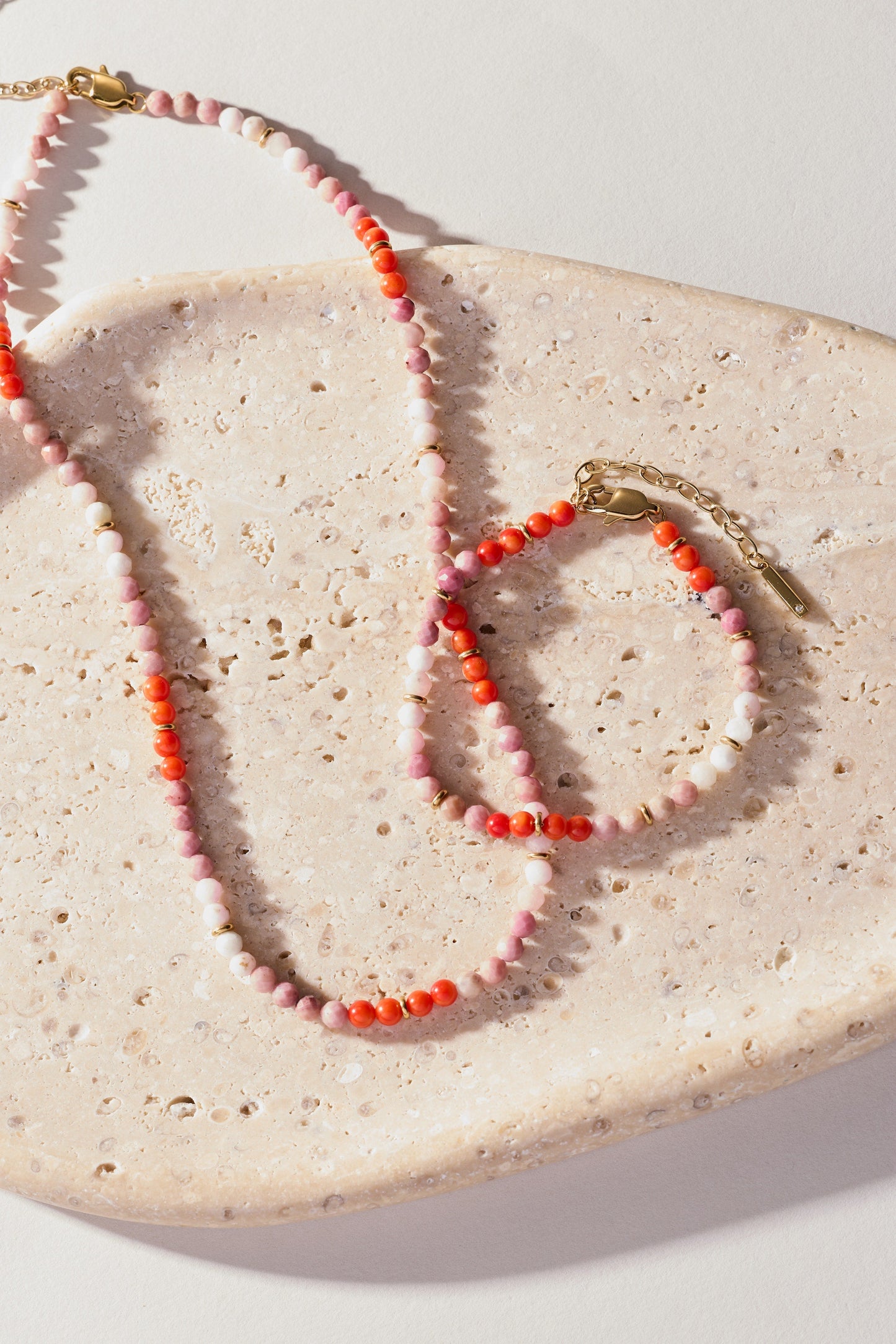 Coral Ombre Semi-Precious Beaded Necklace Stainless Steel Gold