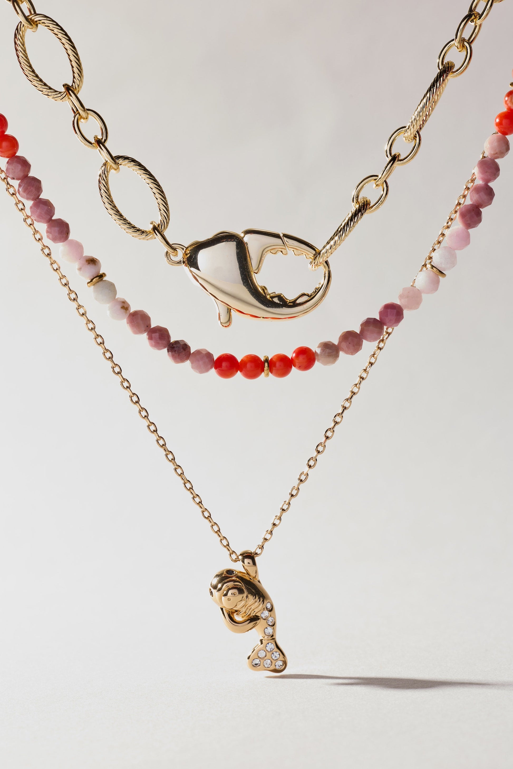 Coral Ombre Semi-Precious Beaded Necklace Stainless Steel Gold