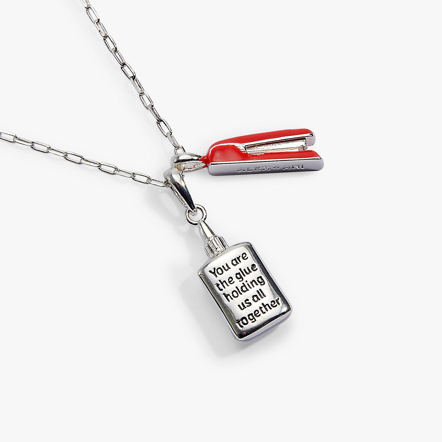 You Are The Glue Holding Us All Together' Glue & Stapler Charm Necklace
    
    
    
       Silver