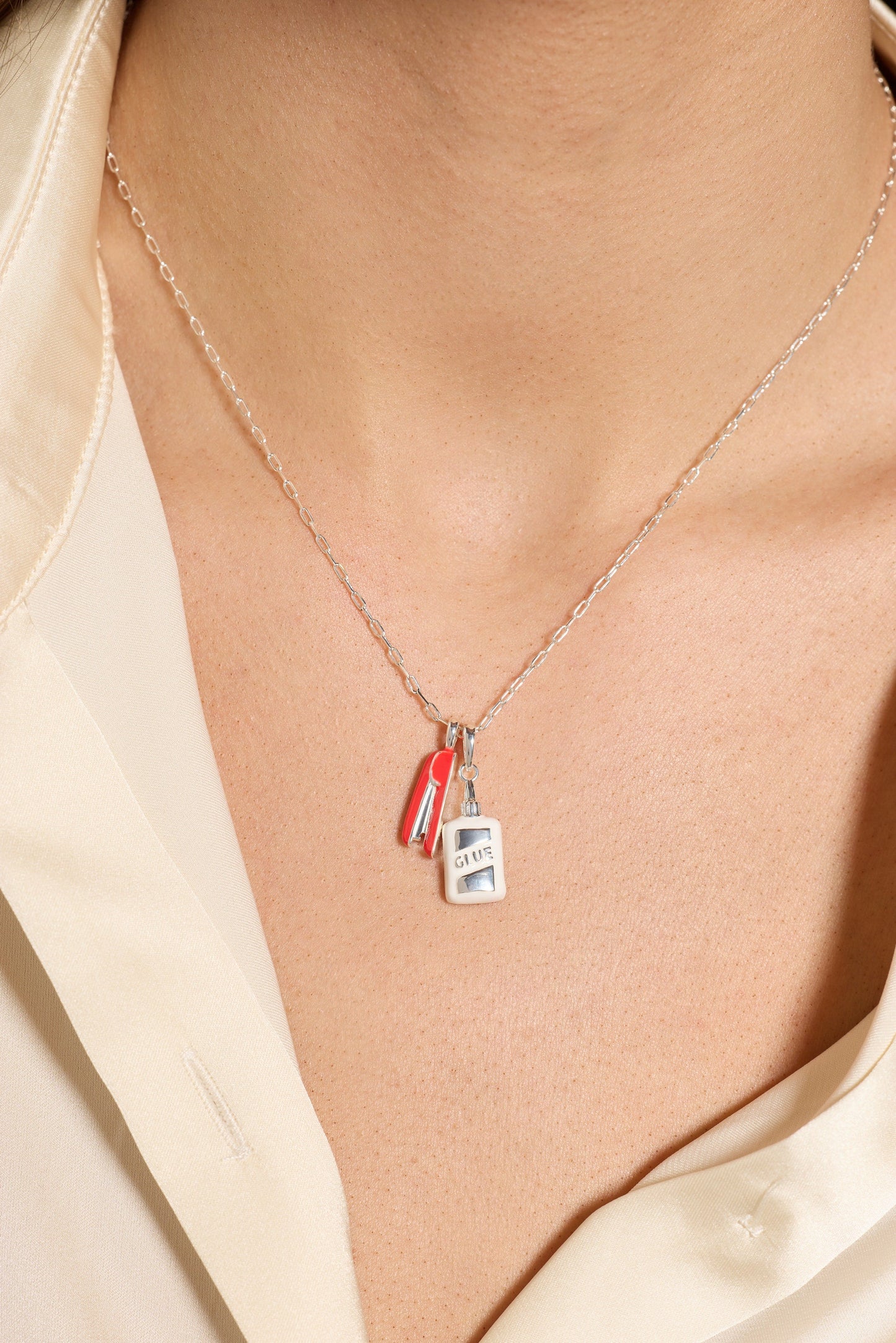 You Are The Glue Holding Us All Together' Glue & Stapler Charm Necklace
    
    
    
       Silver