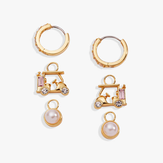Golf Cart Interchangeable Charm Huggie Hoop Set of 2 Gold