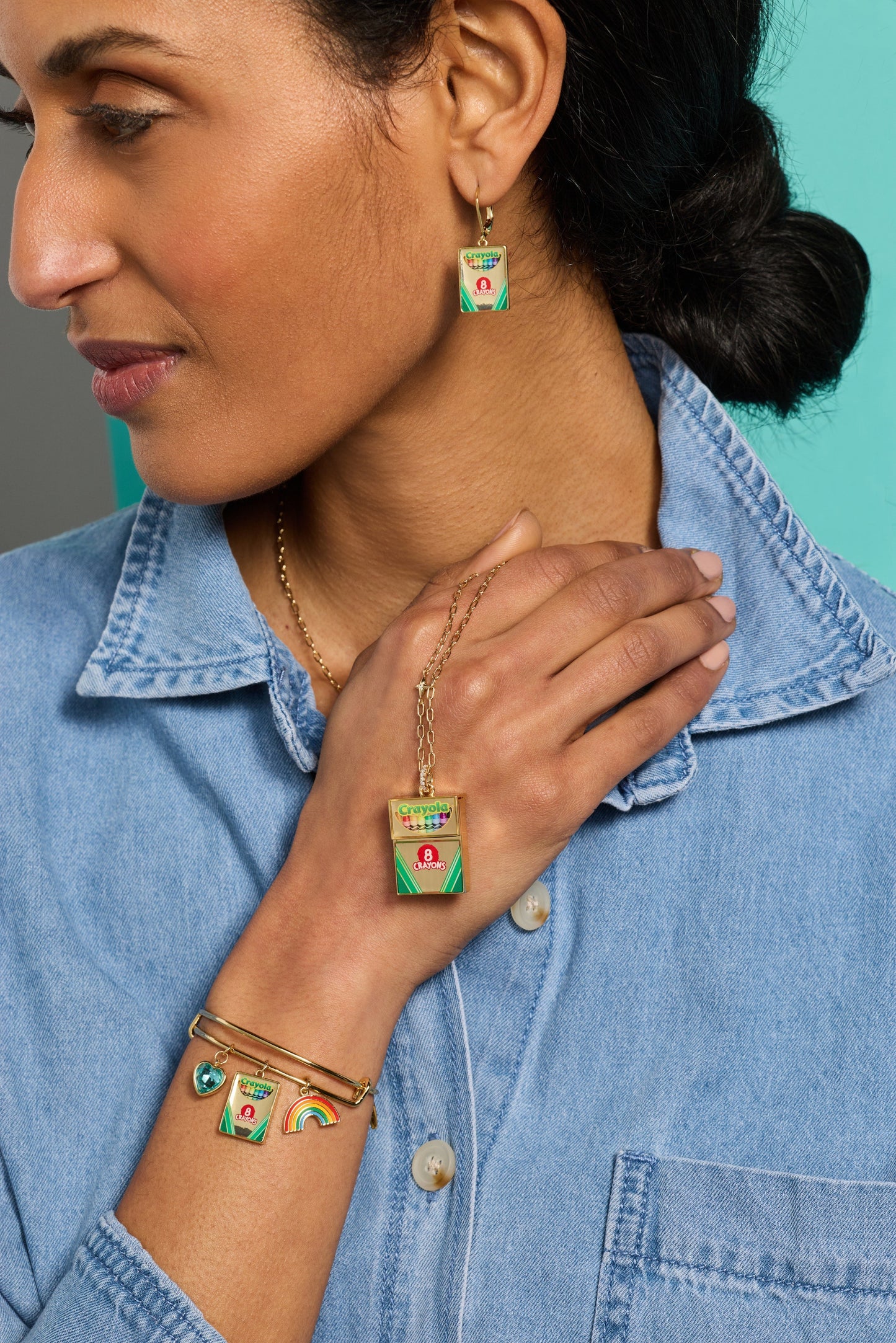 Crayola 'To Teach Is To Color A Life Forever' Crayon Box Earrings Gold