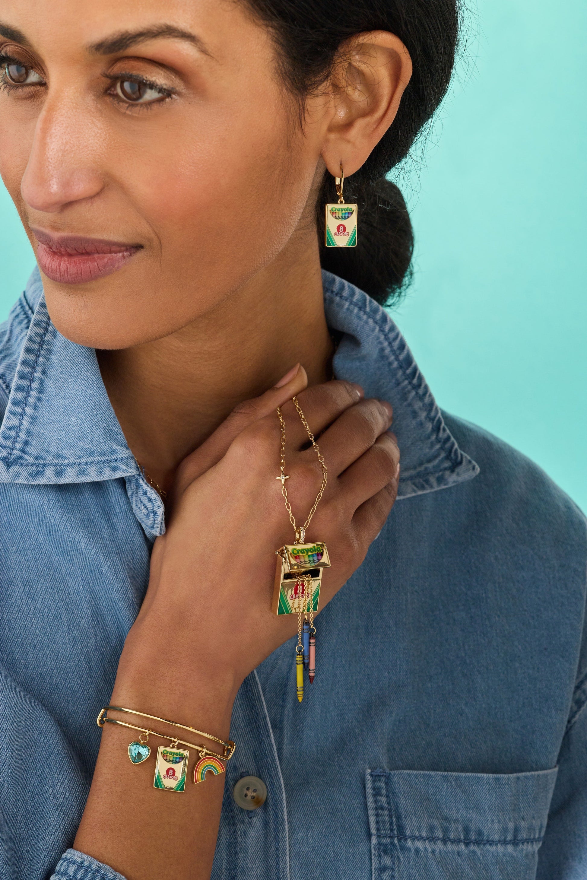 Crayola 'To Teach Is To Color A Life Forever' Crayon Box Earrings Gold