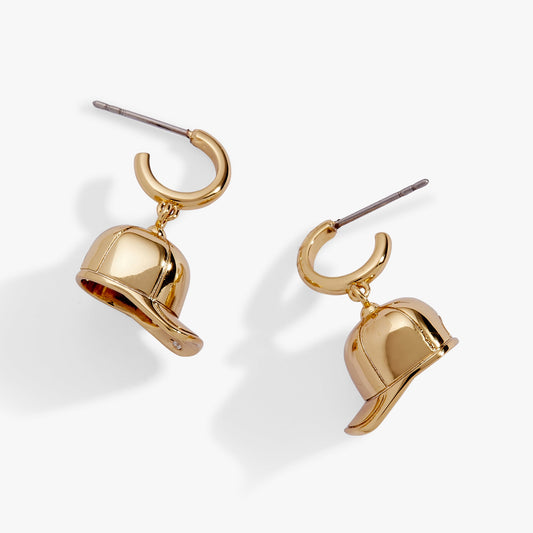 Baseball Cap Huggie Drop Earrings Gold