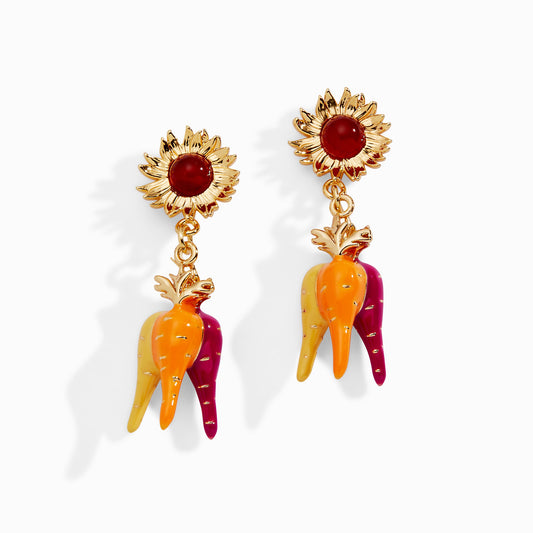 Farmers' Market Sunflower & Rainbow Carrot Drop Earrings Gold