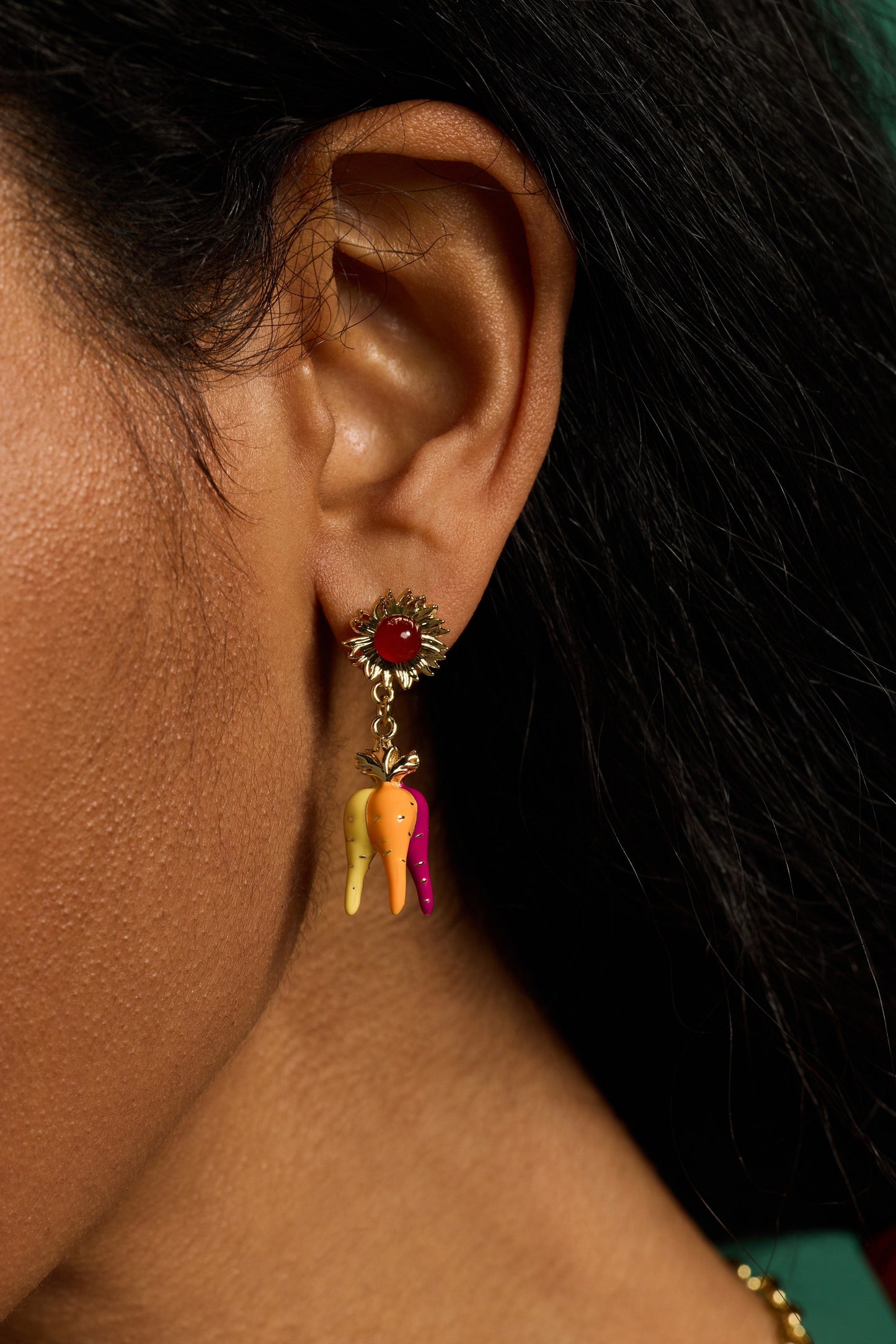 Farmers' Market Sunflower & Rainbow Carrot Drop Earrings Gold