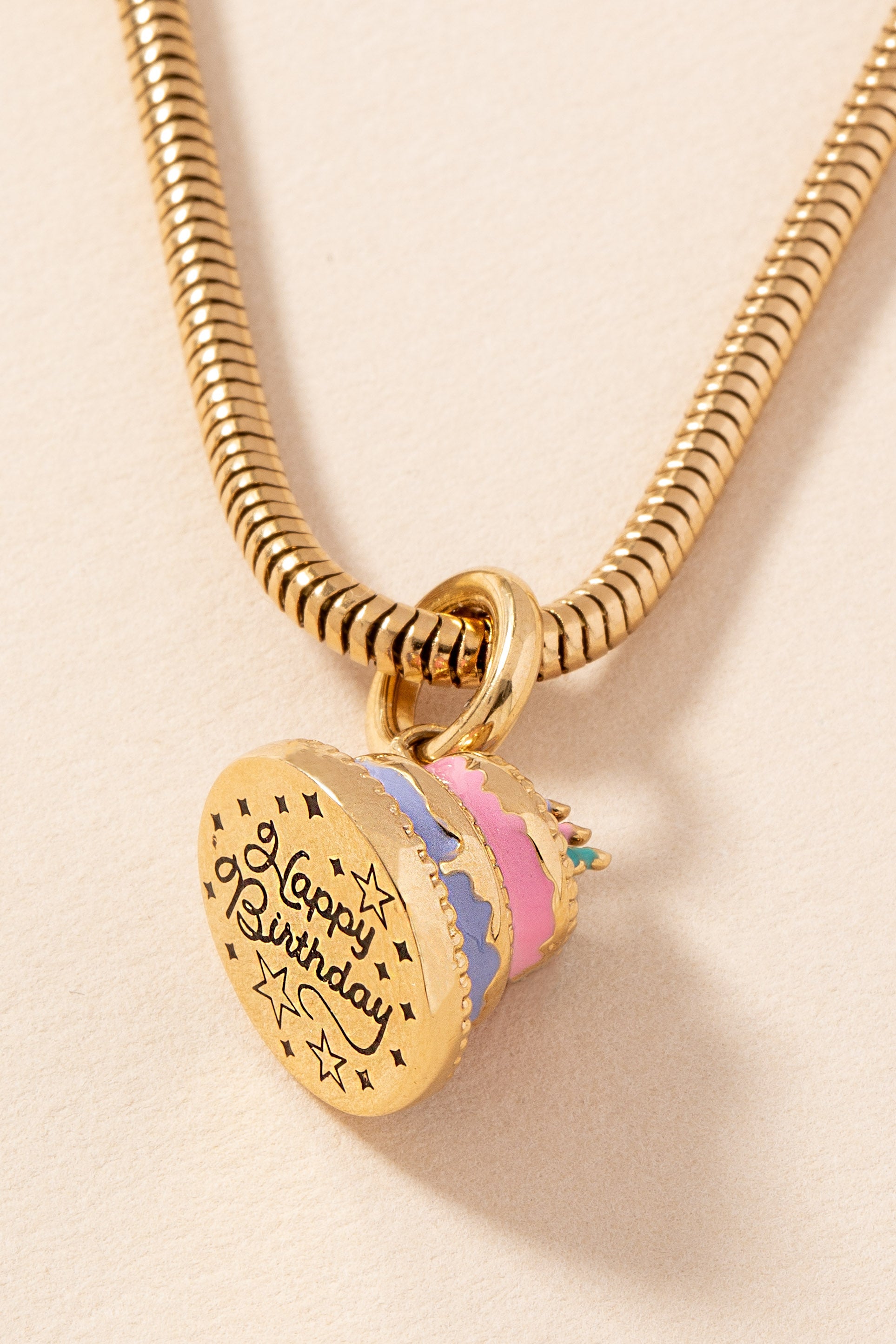 Happy Birthday Cake Charm Stainless  Steel Gold