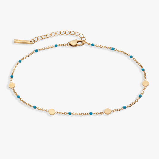 Turquoise Enameled Chain Coin Station Anklet Stainless Steel Gold