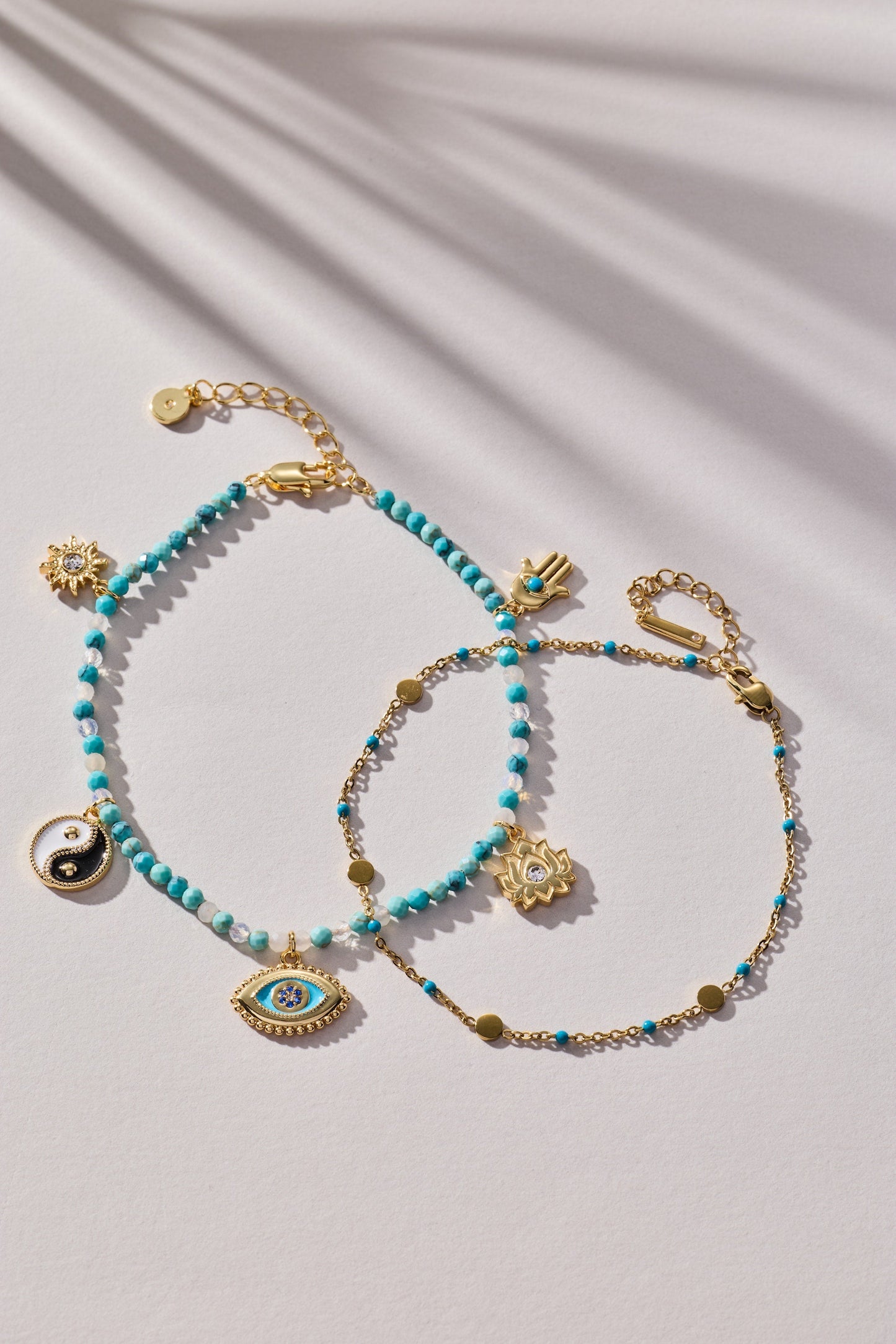 Turquoise Enameled Chain Coin Station Anklet Stainless Steel Gold