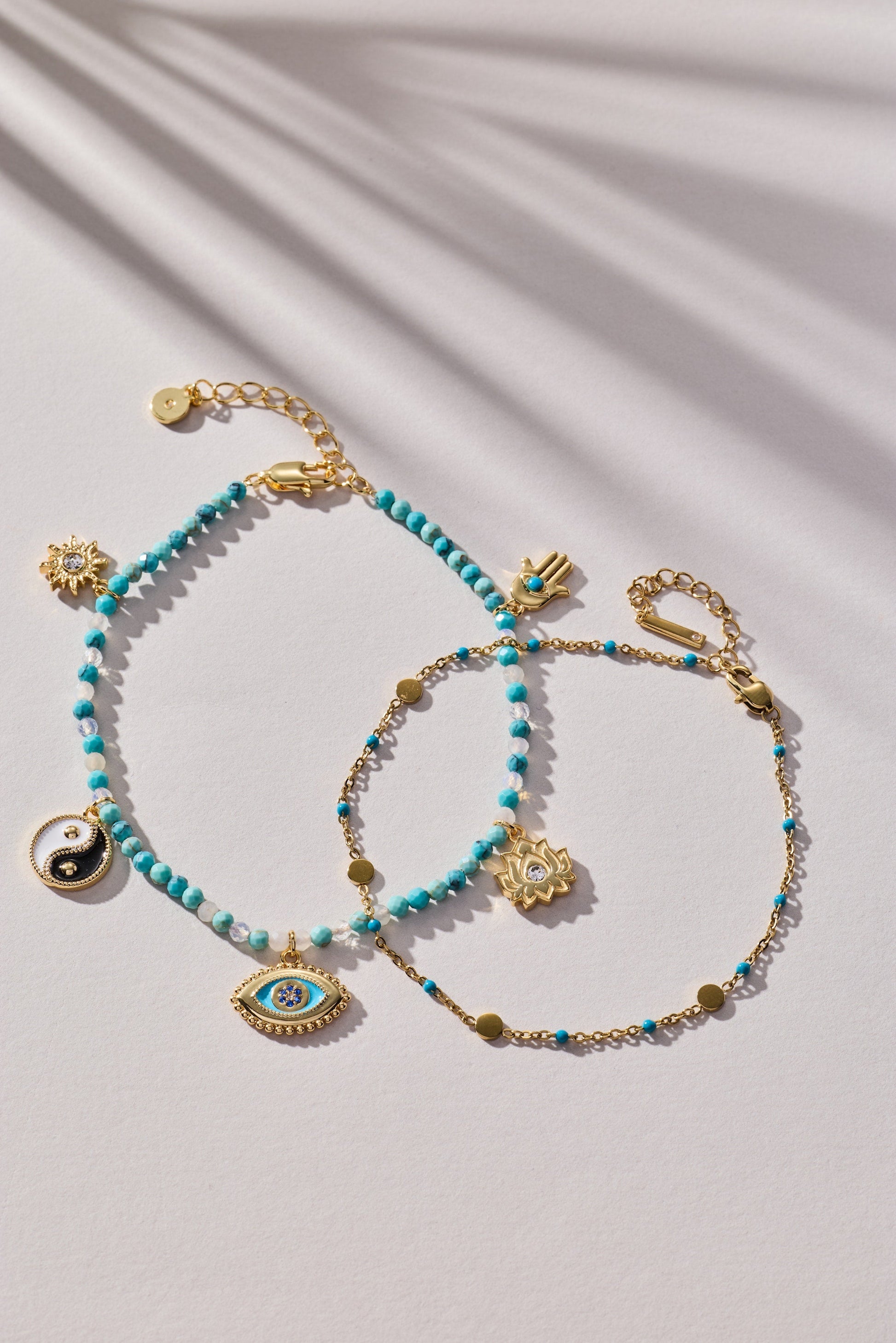 Turquoise Enameled Chain Coin Station Anklet Stainless Steel Gold