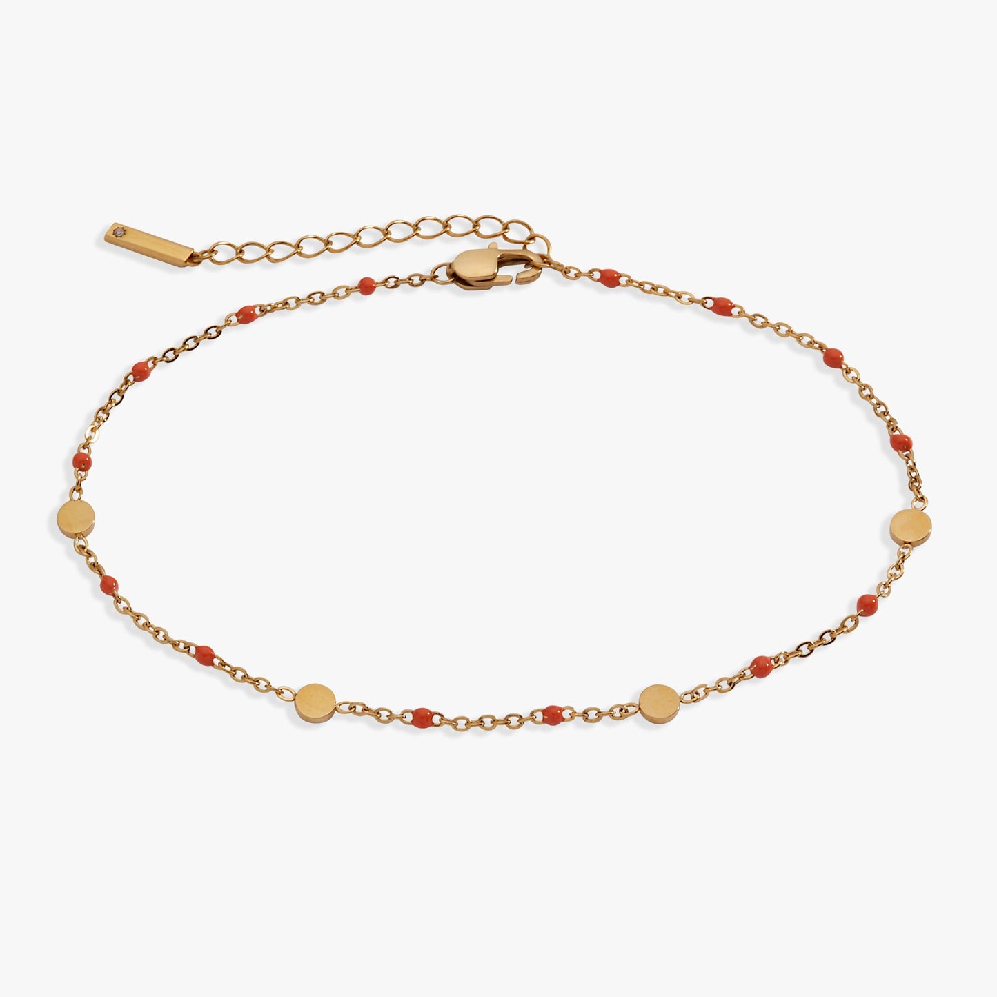 Coral Enameled Chain Coin Station Anklet Stainless Steel Gold