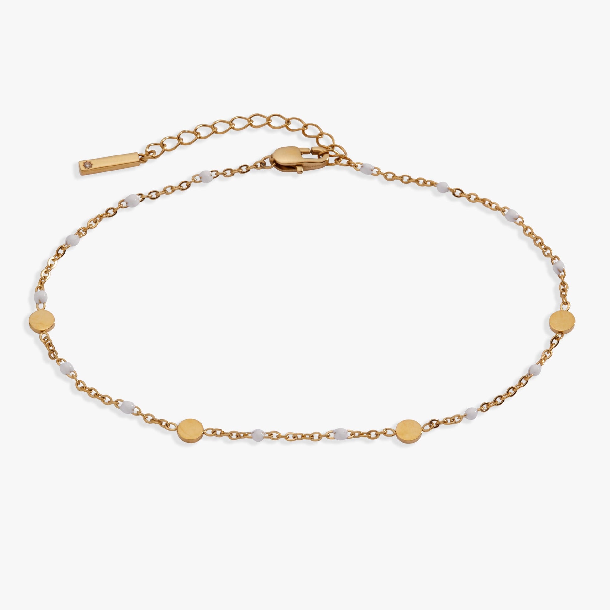 White Enameled Chain Coin Station Anklet Stainless Steel Gold