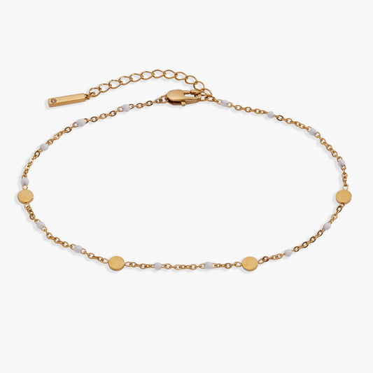 White Enameled Chain Coin Station Anklet Stainless Steel Gold