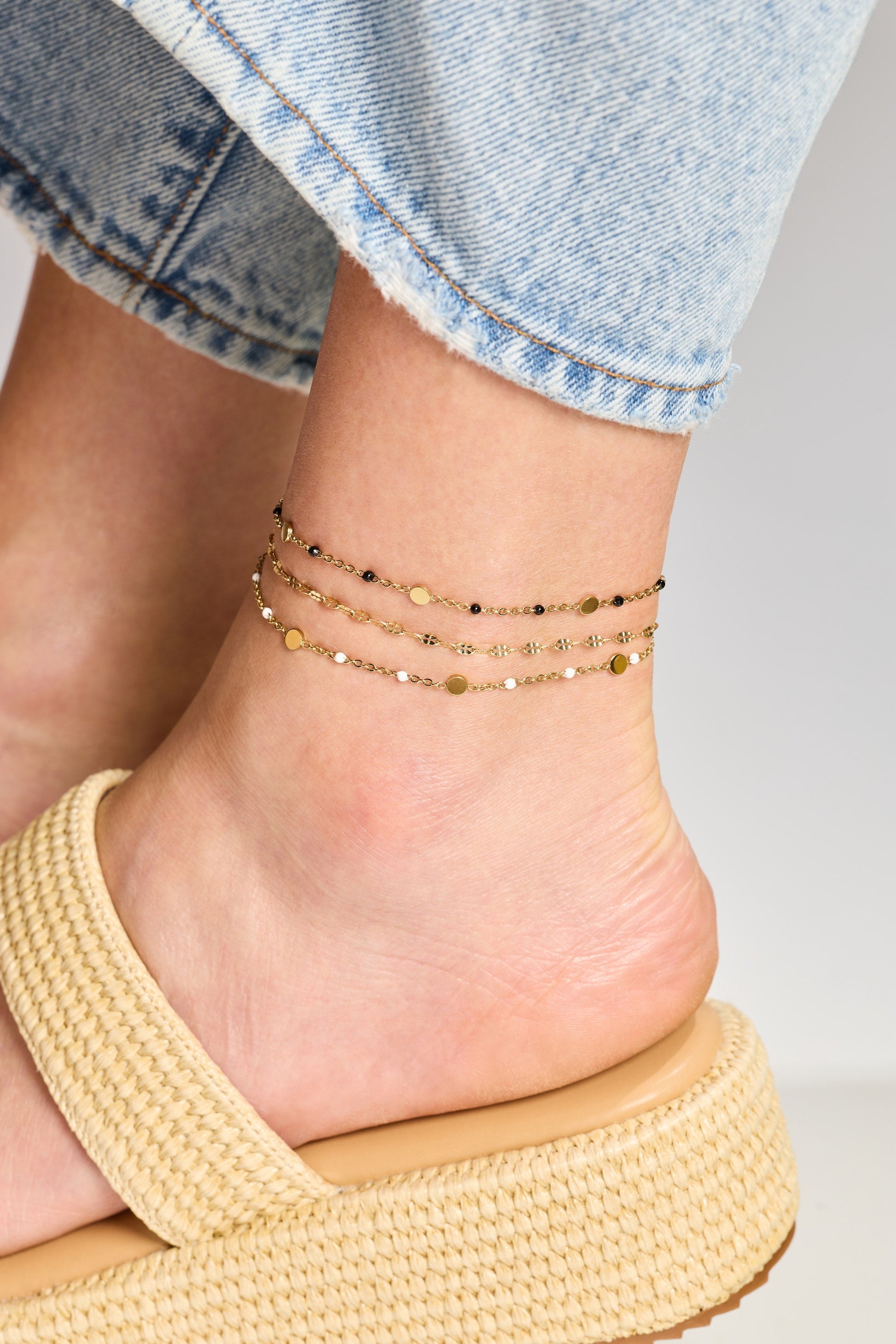 White Enameled Chain Coin Station Anklet Stainless Steel Gold